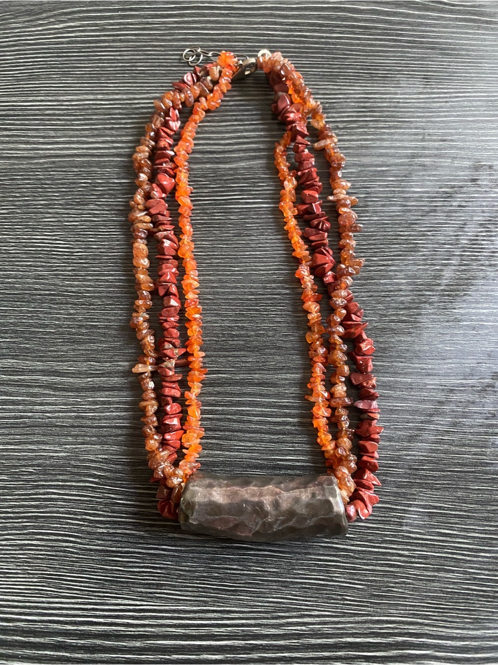 Triple-Strand  Red stones , amber  Necklace with Hammered Bar signed 925